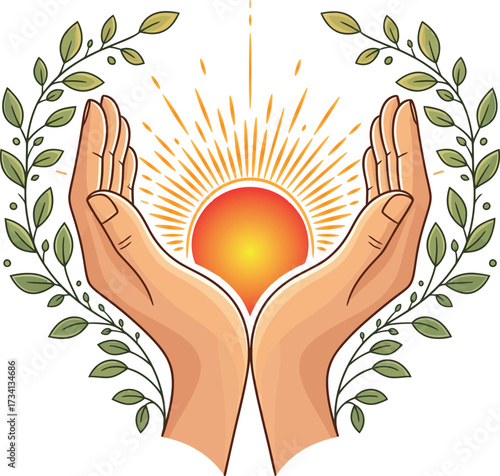 Caring hands holding glowing sunlight surrounded by calming leaves representing wellness and natural health