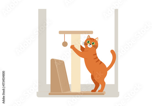 Playful cat scratching post indoor home setting digital cheerful environment view pet care concept
