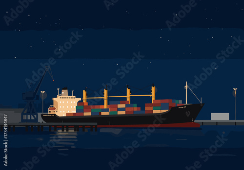 Freight shipping at night harbor industrial environment aerial view logistics concept