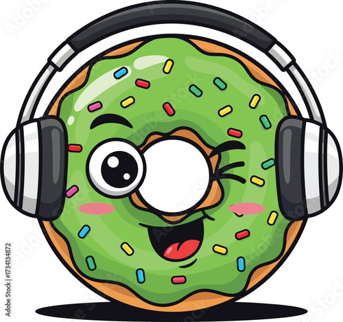 Funny donut cartoon character with green glaze wearing headphones and winking an eye