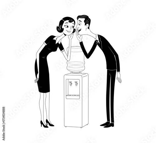 Retro Office Workers Gossiping at the Watercooler.