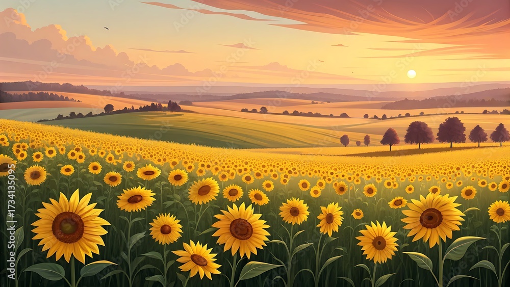 Fototapeta premium Sunflower field in sunlight during the golden summer