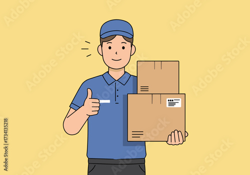 Delivery service action by courier with packages urban setting positive vibe friendly approach