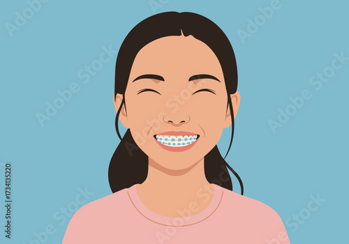 Joyful girl with braces smiling digital bright background cheerful mood portrait perspective