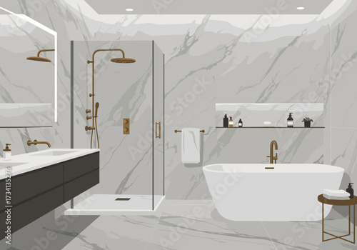 Modern bathroom design featuring luxurious shower and bathtub minimalist style bright and airy ambiance