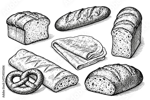 A vintage engraved sketch illustration of the 5 famous types of bread in the world: Baguette, Sandwich Bread, Lavash, Pretzel, and Ciabatta