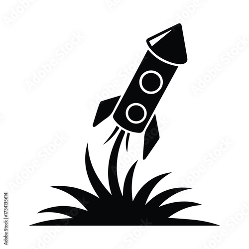 Simple black silhouette of a rocket launching from grass into the sky silhouette