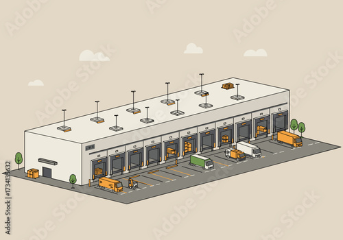 Logistics operations warehouse facility digital urban environment aerial view supply chain management