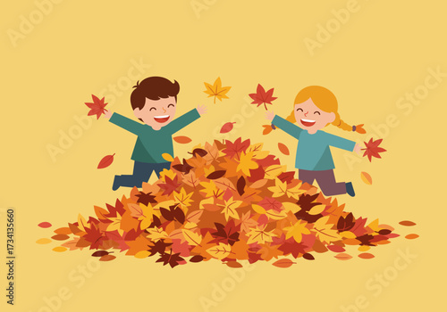 Children playing in autumn leaves outdoor park joyful environment bright colors fun concept