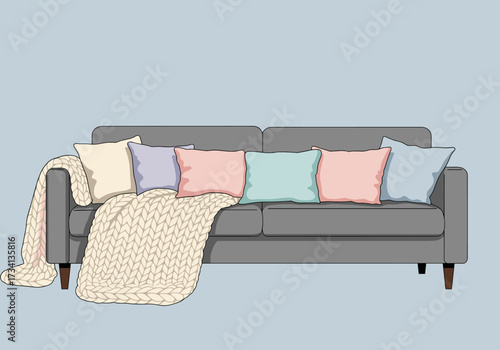 Cozy living room scene sofa with pillows and blanket home interior design warm environment aesthetic view