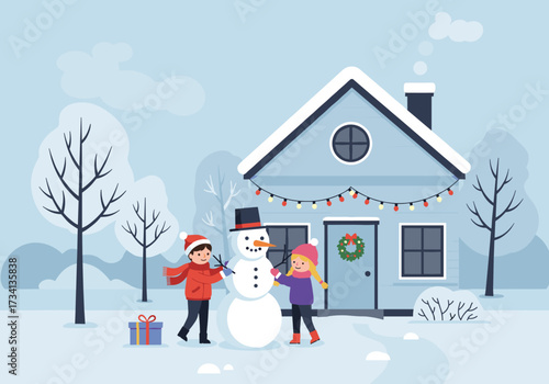 Children building a snowman in winter wonderland family fun outdoor activity snowy landscape playful scene