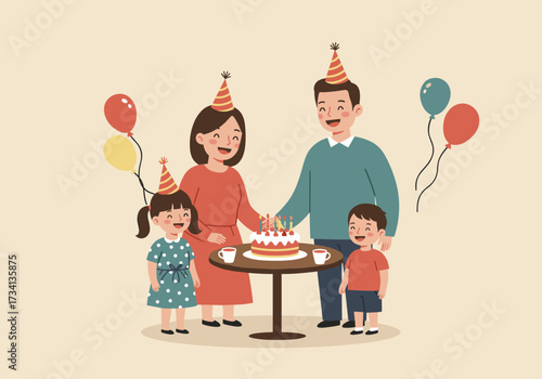 Family celebration at home birthday party illustrated scene joyful atmosphere view festive concept