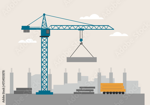 Construction crane lifting heavy load in urban environment industrial overview