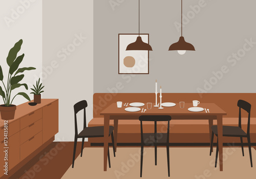 Cozy dinner setting modern dining room digital warm ambiance eye-level view home concept