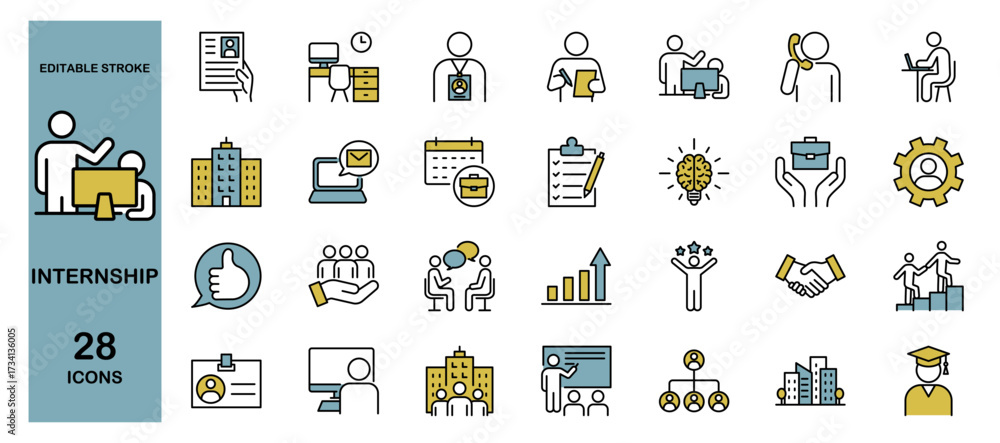 Fototapeta premium Internship Icon Set – Students, Training, Job, Resume, Interview, Teamwork, Business, Education, Mentor, ID, Phone Support. Editable Stroke, Colored Vector Illustration