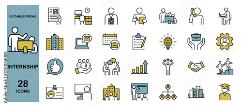 Internship Icon Set – Students, Training, Job, Resume, Interview, Teamwork, Business, Education, Mentor, ID, Phone Support. Editable Stroke, Colored Vector Illustration
