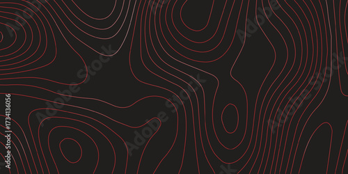 Ultra wide panoramic topographic map artwork red contour lines black background abstract terrain path mapping cartography scheme vector illustration
