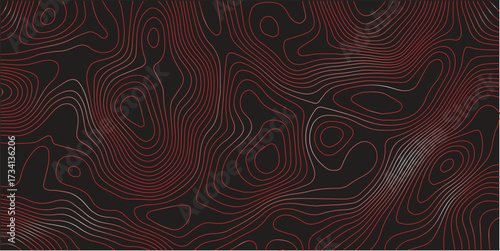 Abstract red contour line topographic map black background ultra wide panoramic terrain path mapping modern cartography vector artwork
