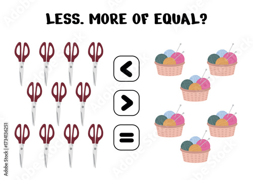 Math worksheet for kids featuring scissors and yarn baskets comparing quantities with less more and equal symbols