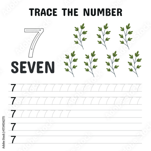 Number tracing worksheet for kids featuring number 7 with counting leaves and writing practice lines
