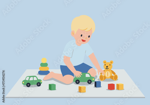 Child playing with colorful toys on a playmat indoor space cheerful environment top-down view early childhood development