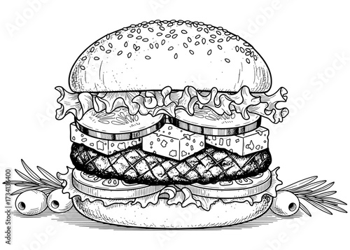 Greek burger with feta cheese and olives. Detailed hand-drawn monochrome vector art of a gourmet Mediterranean meal for a healthy restaurant menu or coloring book page.

