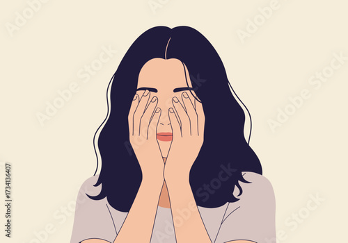 Emotional expression of a woman covering her face digital minimalist background perspective