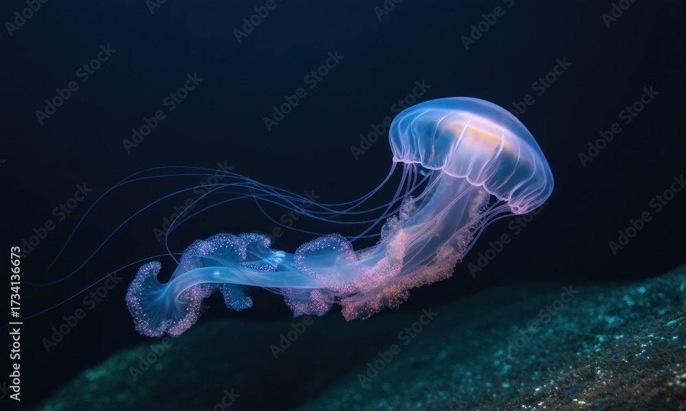 Fototapeta premium Subaquatic jellyfish, translucent pink-blue, dark backdrop