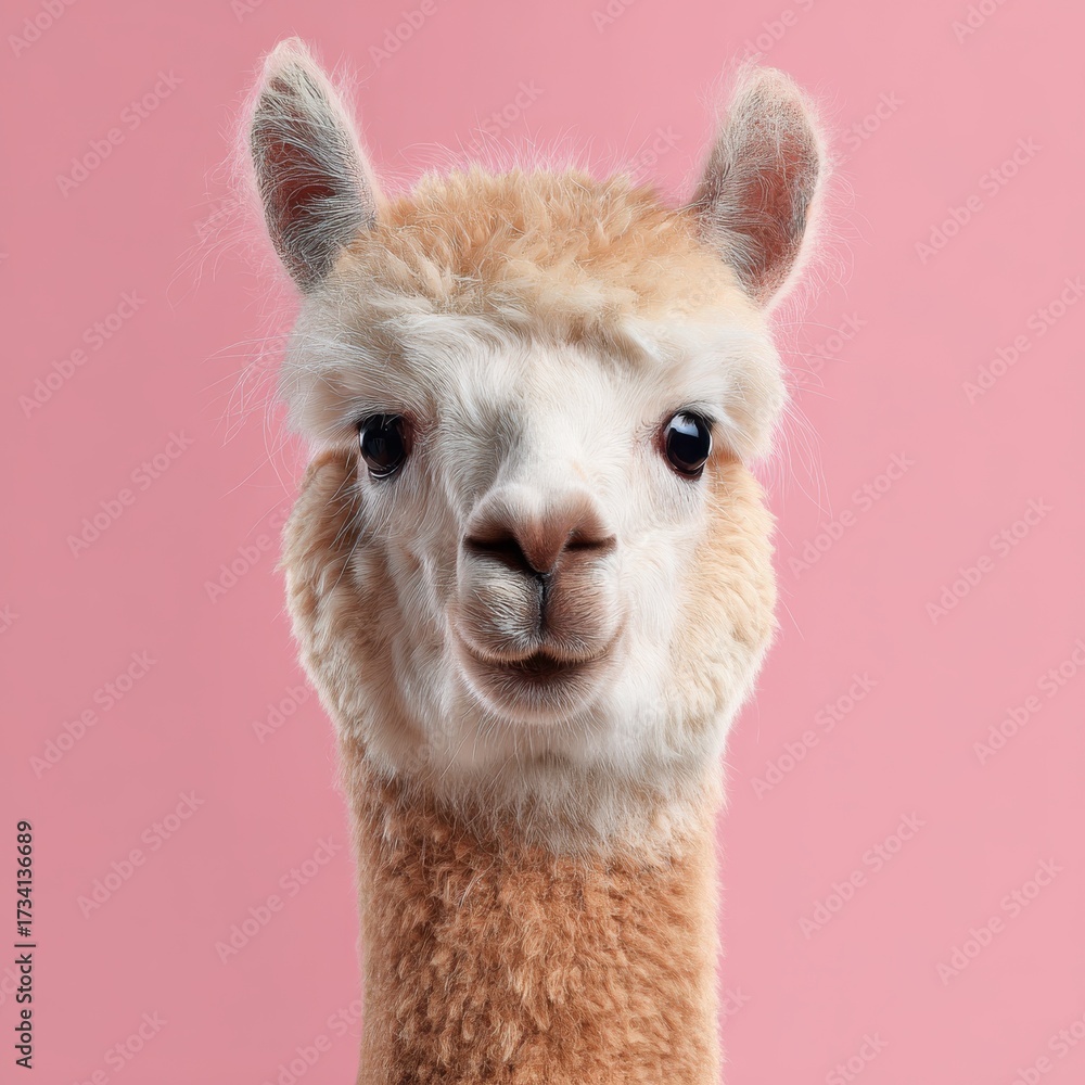 Obraz premium Playful Alpaca on a Vibrant Pink Canvas – A Humorous Farm Animal Isolated in Nature