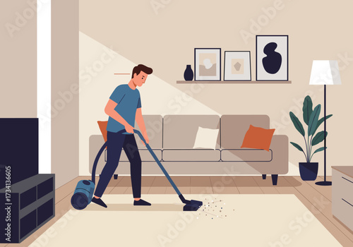 Vacuuming the living room home interior modern environment side view cleanliness concepts