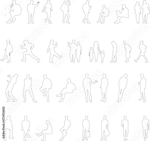 Set of 32 linear silhouettes of seated people, designed for use in architectural plans, sections, and layouts.	
