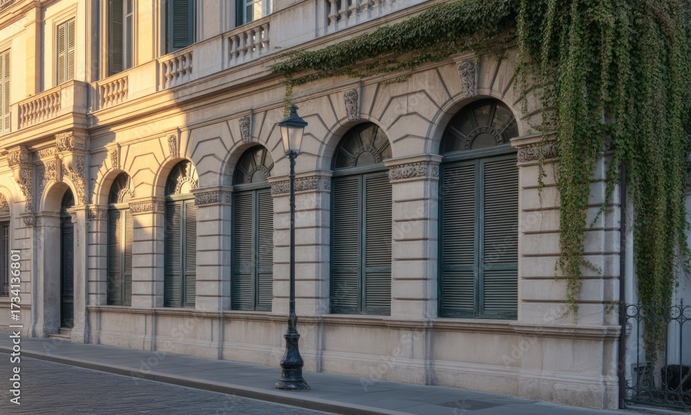 Fototapeta premium Sunlight on a historic European building facade with arched windows and ivy