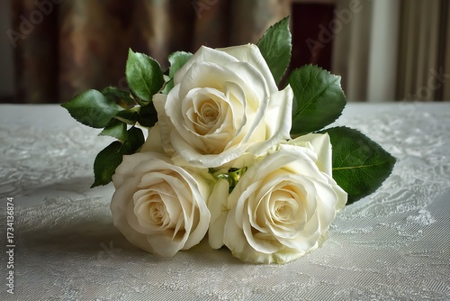 A bouquet of three pristine white roses carefully placed together on a table, perfect for simplicity and elegance.