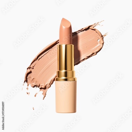 Nude lipstick with creamy texture on white background  