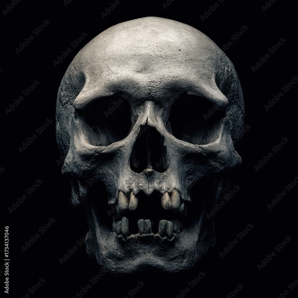 Obraz premium Intense Skull Imagery: Striking Representation of a Human Skull on a Dark Background