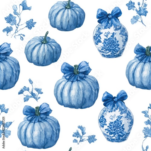 Blue pumpkins & vases patterned decor. Elegant backdrop. Interior design asset