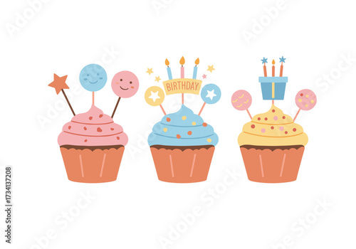 Celebratory birthday cupcakes with colorful toppers bakery digital festive atmosphere eye-level view dessert theme