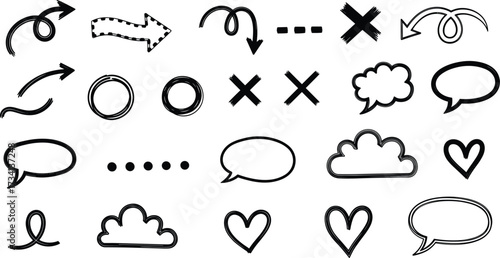 Hand-drawn sketch icons set with arrows, speech bubbles, hearts, thought clouds, crosses, circles, dots for creative design use