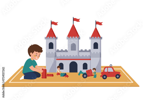 Child playing with building blocks and toy cars in a colorful room indoor playtime fun environment creative viewpoint