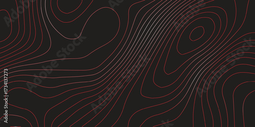 Modern panoramic abstract topographic map artwork red contour lines black background terrain path mapping cartography scheme vector design decorative landscapes
