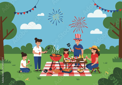 Family barbecue celebration with fireworks park outdoor fun concept