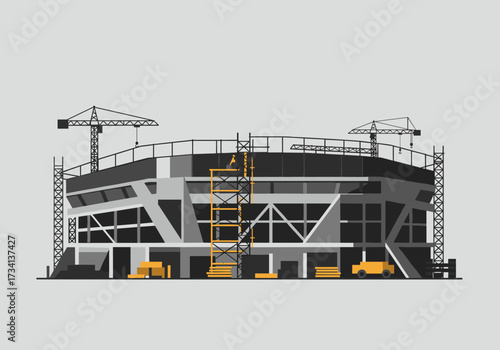 Construction progress of modern stadium urban setting digital industrial environment side view architectural design