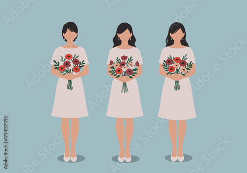 Bridal party celebration with floral bouquets sheer backdrop elegant style cheerful atmosphere