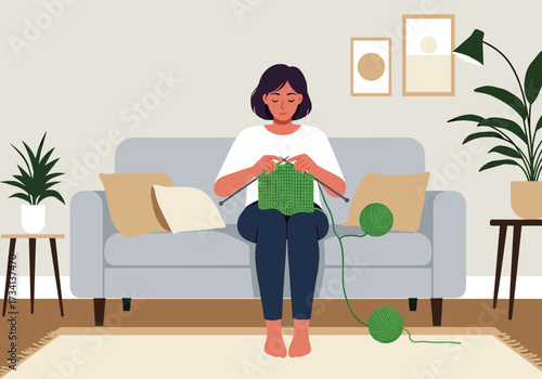 Relaxing knitting session at home cozy living room peaceful environment perspective