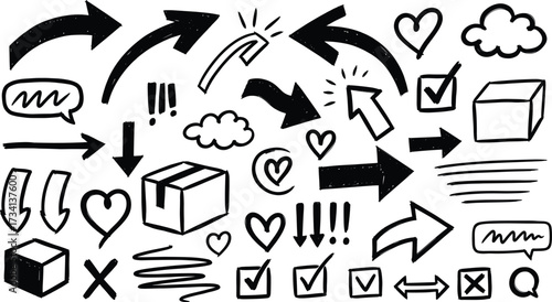 Hand-drawn doodle icons including arrows, bubbles, checkboxes, symbols, shapes for presentation, note-taking, infographic, comic, design use
