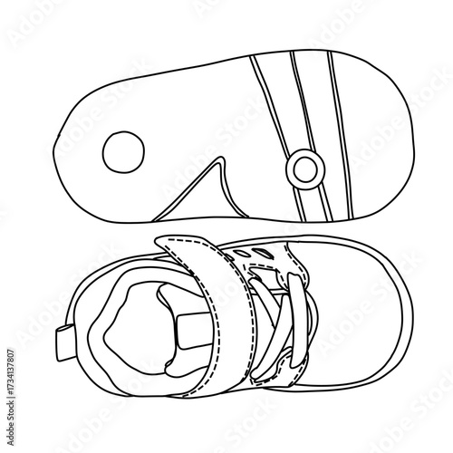 A clean black and white line drawing depicting a small childs sneaker from two angles One view shows the top of the shoe with its strap and laces the other shows the sole