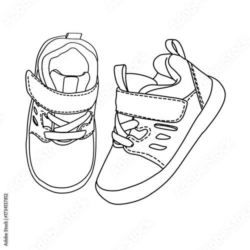 A simple black and white line drawing of two baby sneakers. One shoe is shown from the side, and the other is slightly angled. Both feature laces and velcro closures.