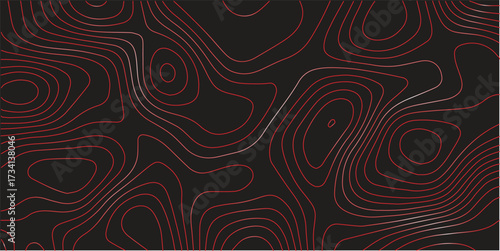 Ultra wide panoramic topographic contour line map red black background terrain path mapping abstract geographic illustration modern cartography vector artwork

