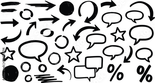 Hand Drawn Arrows, Speech Bubbles, Stars, Circles, Scribbles, Percentage Symbols for Creative Design, Annotation, Presentation, Communication
