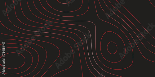 Ultra wide panoramic topographic contour line map red black background terrain path mapping abstract geographic illustration modern cartography vector artwork
